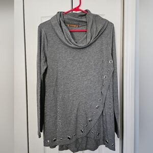 Gray Cowl Neck Tunic with Grommet Detail